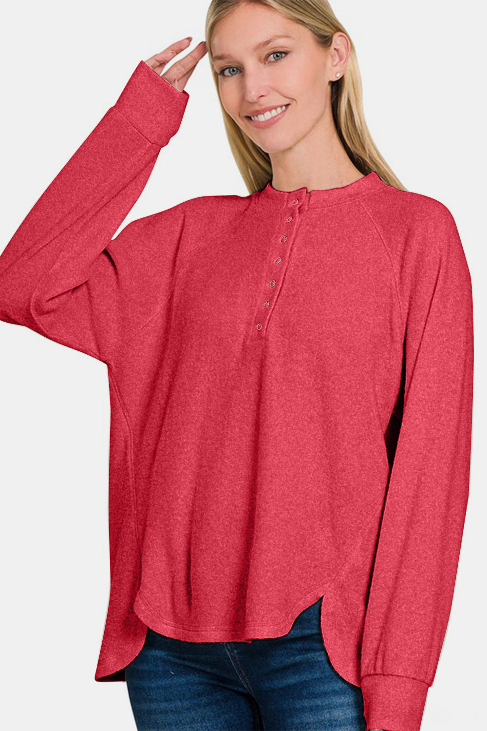 Brushed Melange Hacci High-Low Sweater - Strawberry