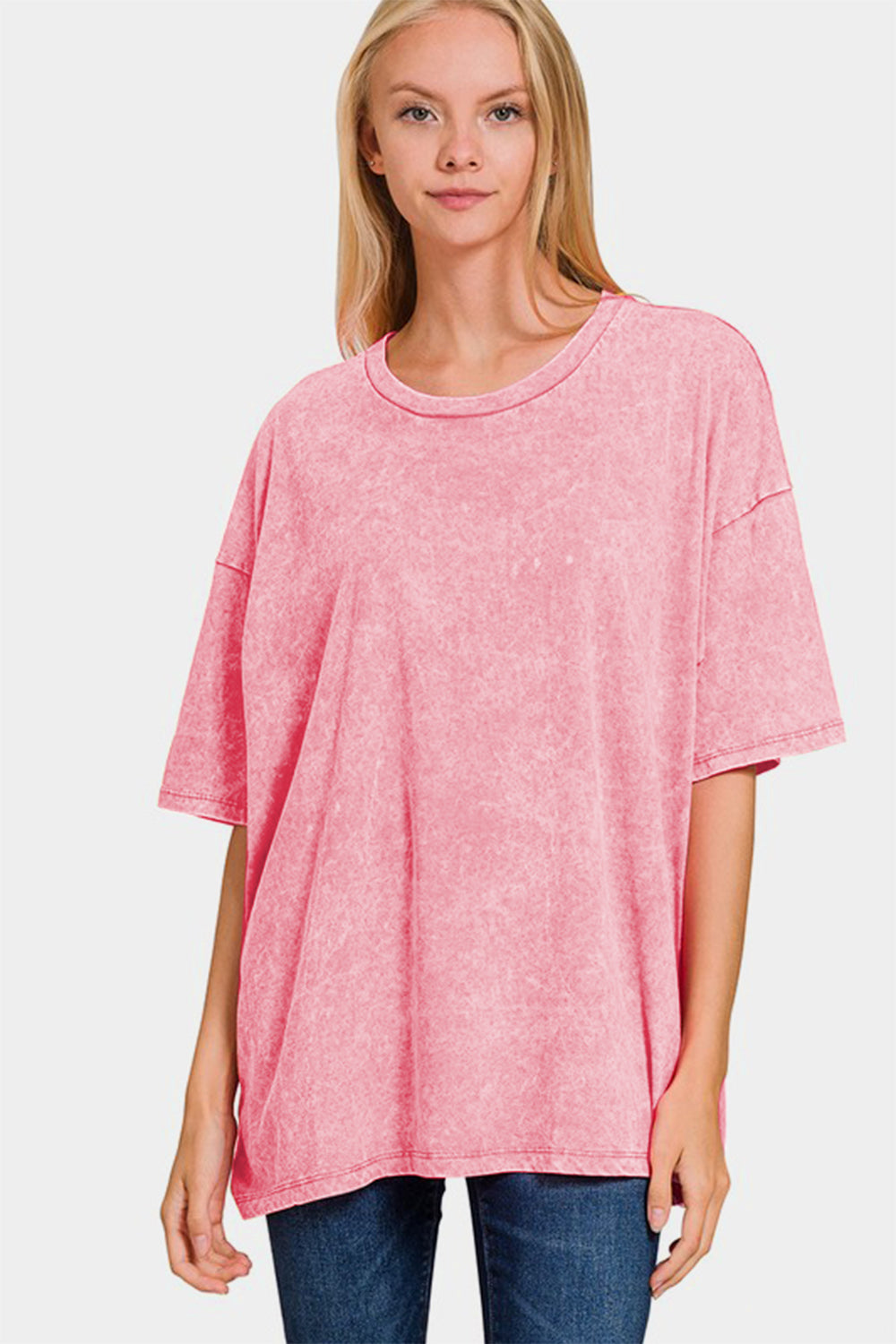 Washed Round Neck Drop Shoulder Oversized T-Shirt - Pink