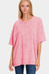 Washed Round Neck Drop Shoulder Oversized T-Shirt - Pink