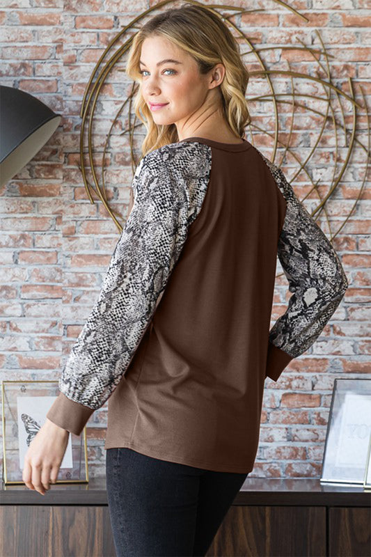 Snakeskin Print Raglan Sleeve Half Button Top