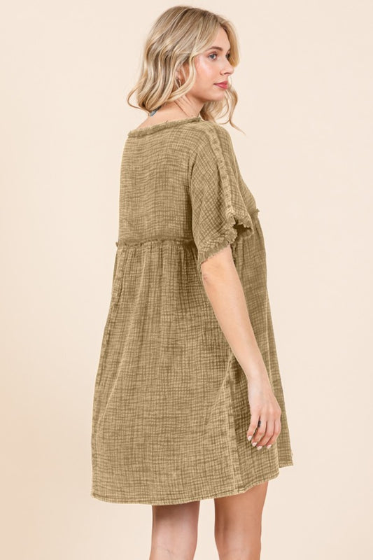 Short Sleeve Babydoll Texture Dress with Pockets - Iced Coffee