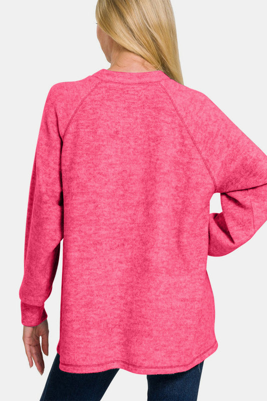 Brushed Melange Hacci High-Low Sweater - Fuchsia