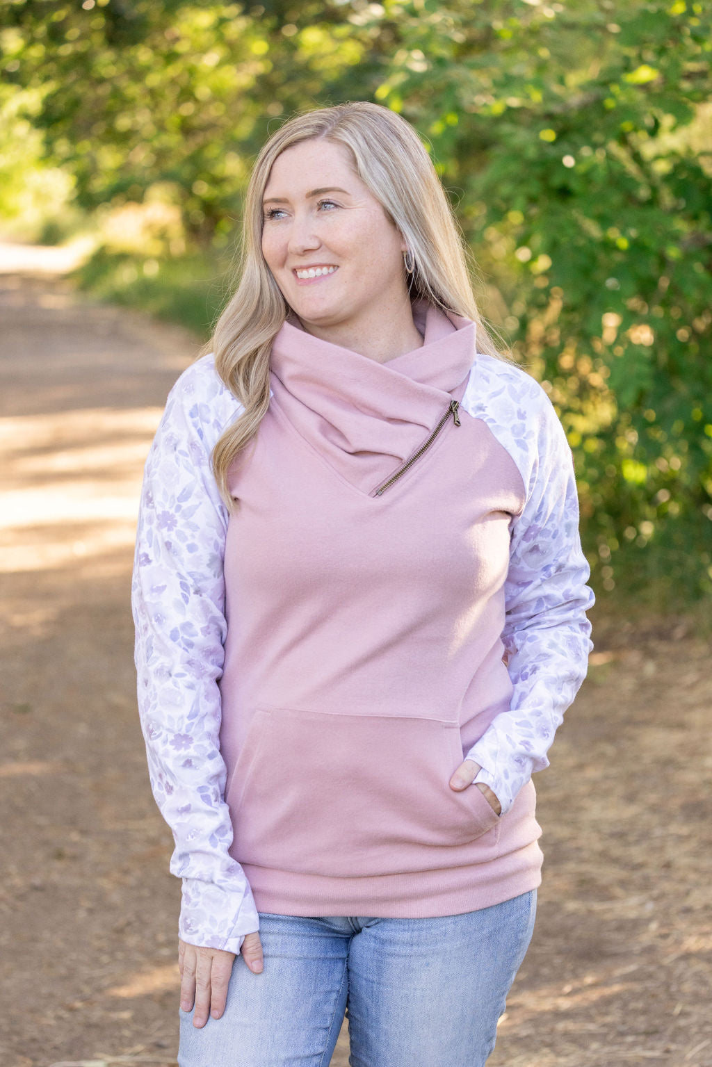 Zoey ZipCowl Sweatshirt - Pink and Blush Floral