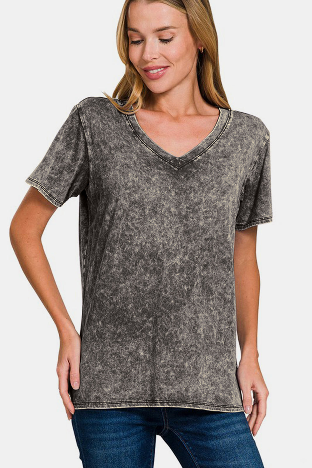 Washed Short Sleeve V-Neck T-Shirt - Gray