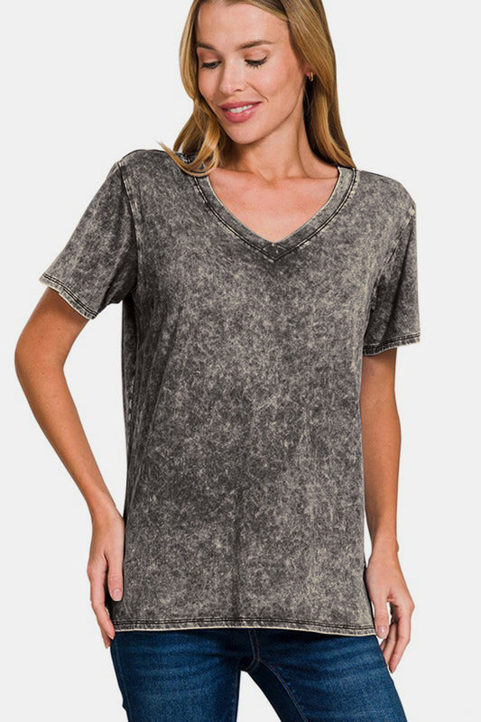 Washed Short Sleeve V-Neck T-Shirt - Gray