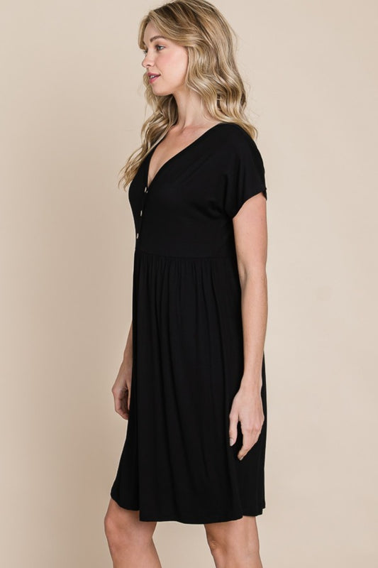 V-Neck Short Sleeve Button Detail Black Dress