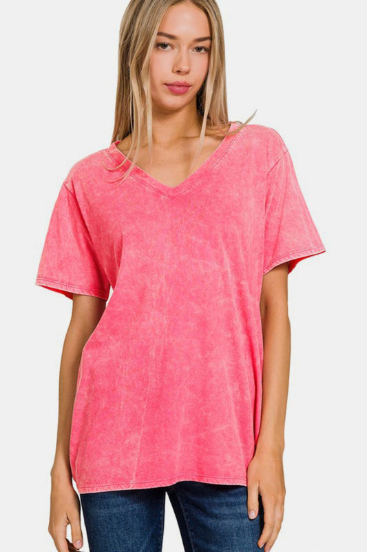 Washed Short Sleeve V-Neck T-Shirt - Strawberry