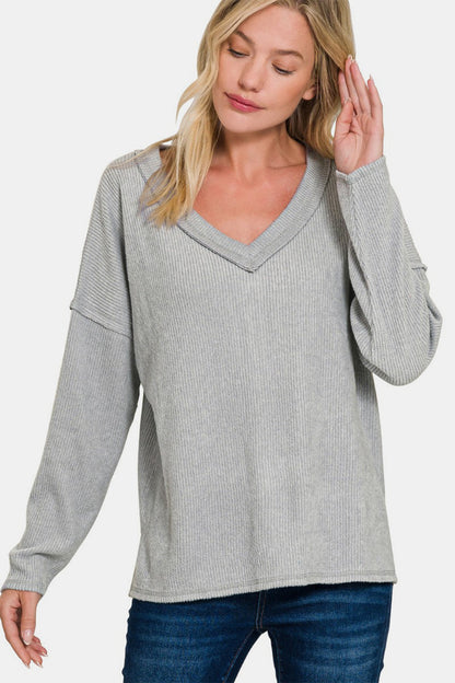 Ribbed V-Neck Drop Shoulder Top - Sleet