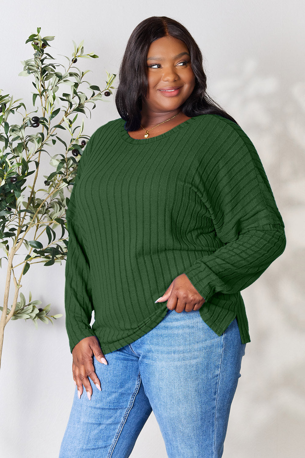 Ribbed Round Neck Slit Knit Top - 5 Colors