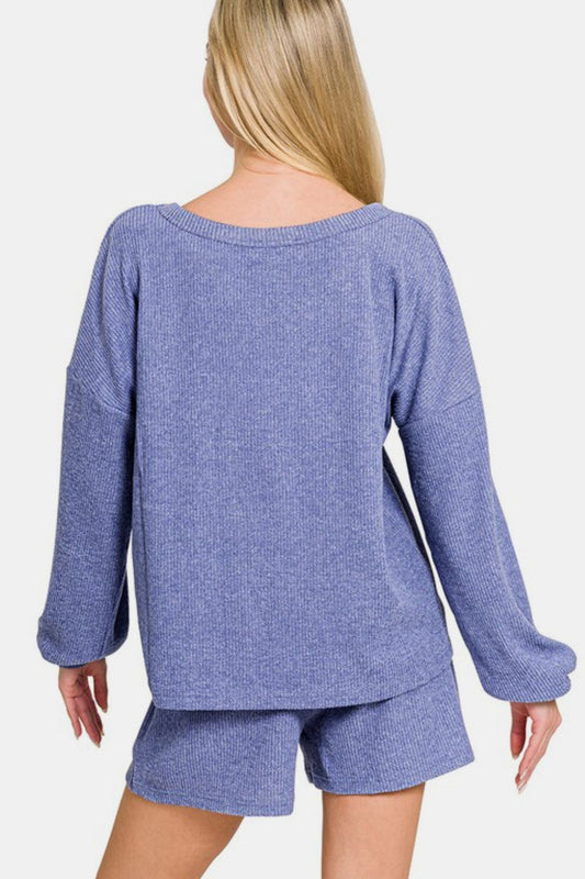 V-Neck Long Sleeve Ribbed Top and Shorts Set - Blue Purple