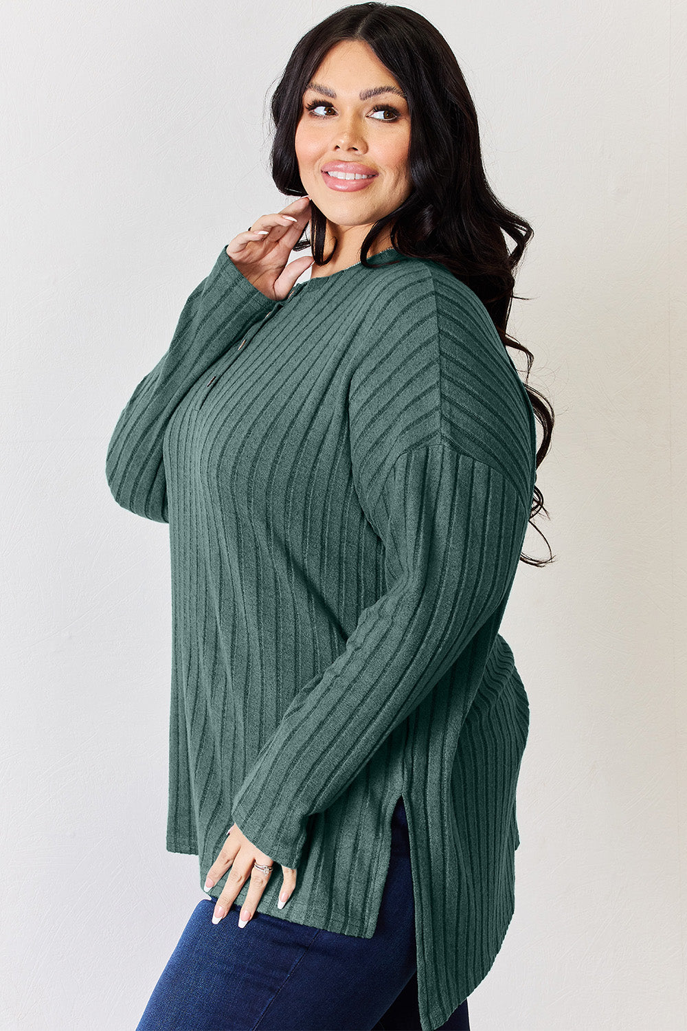 Ribbed Half Button Long Sleeve High-Low T-Shirt - 5 Colors