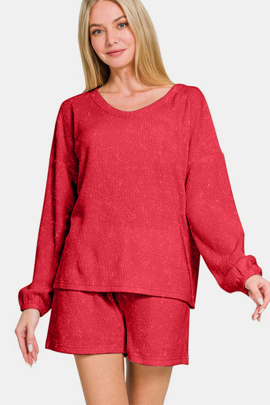 V-Neck Long Sleeve Ribbed Top and Shorts Set - Red