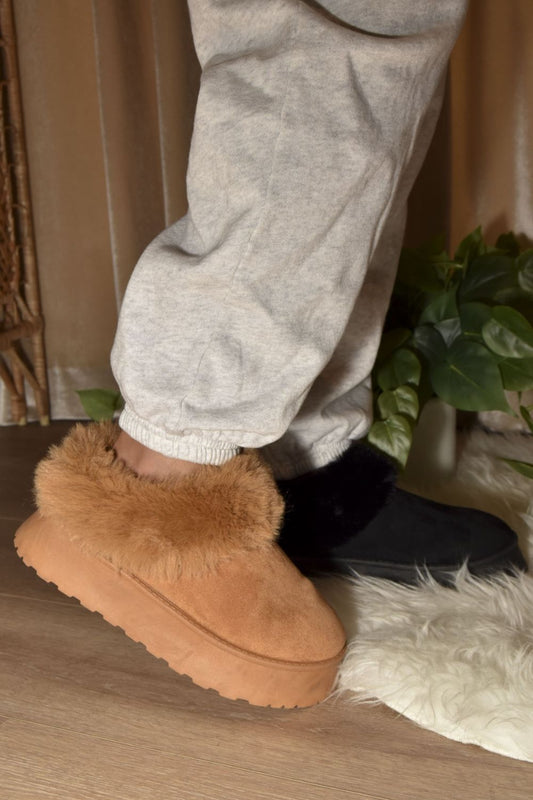 Warm Wishes Camel Faux-Fur Platform Slip On Booties