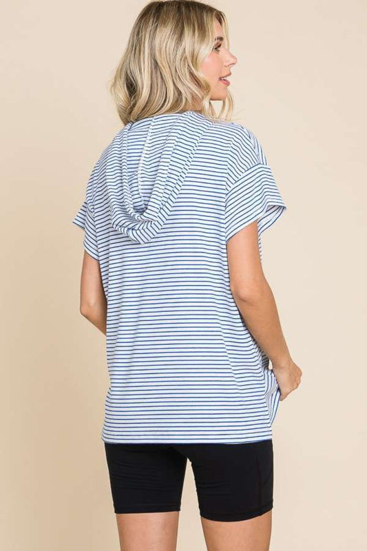Striped Short Sleeve Hooded Top