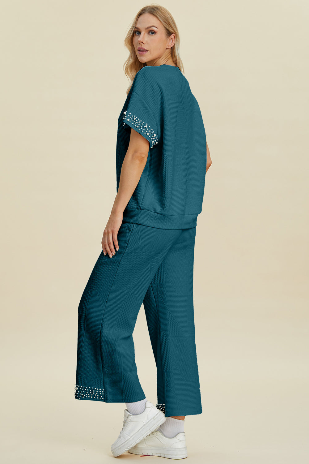 Pearl Detail Round Neck Top and Pants Set - 3 Colors