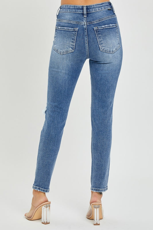 Risen High Rise Knee Distressed Skinny Jeans