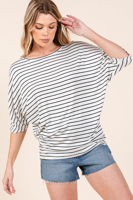 Striped Boat Neck Dolman Sleeve Top - Ivory