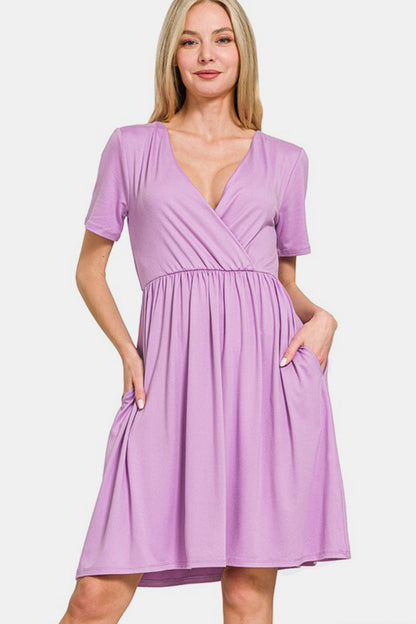 Surplice Short Sleeve Brushed DTY Dress - Pink Purple