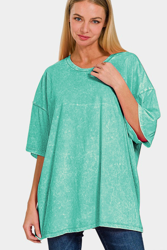 Washed Round Neck Drop Shoulder Oversized T-Shirt - Turquoise