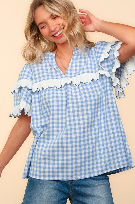 Plaid Scallop Hem Notched Short Sleeve Blouse