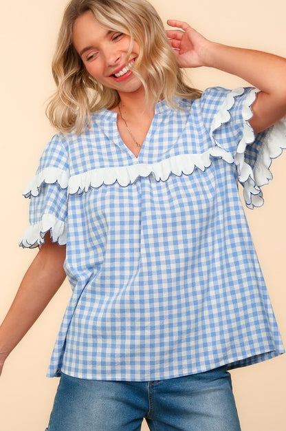 Plaid Scallop Hem Notched Short Sleeve Blouse