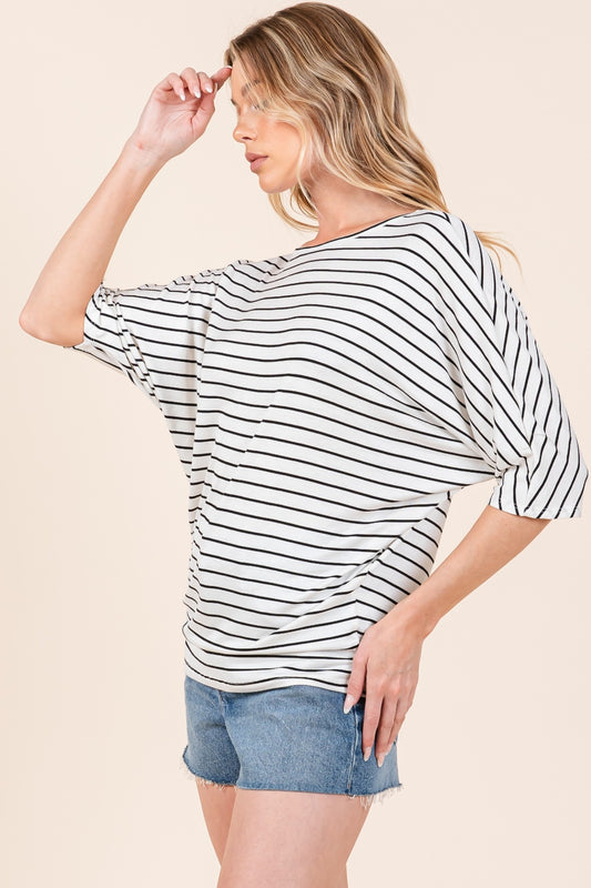 Striped Boat Neck Dolman Sleeve Top - Ivory