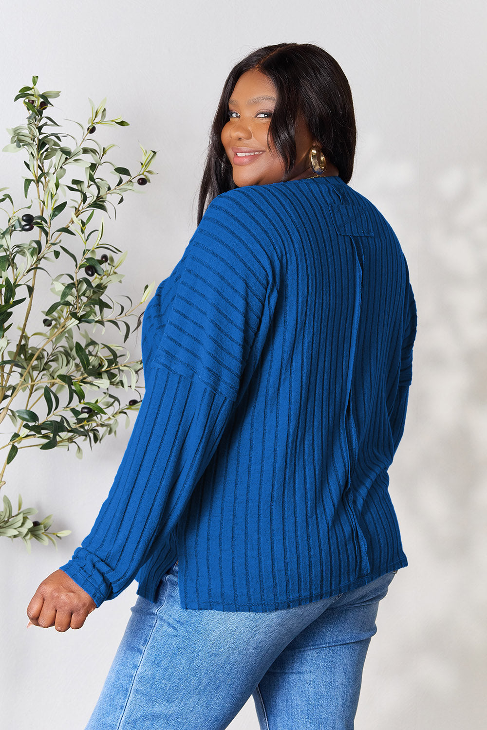 Ribbed Round Neck Slit Knit Top - 5 Colors