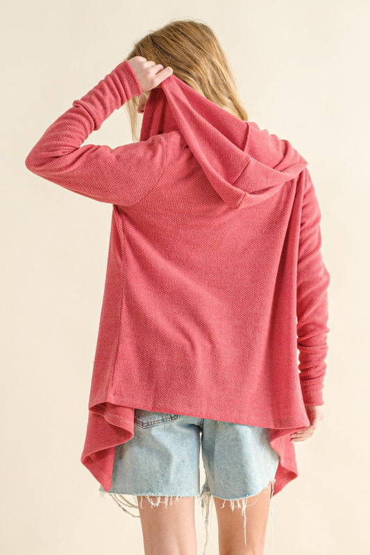 Thermal Hooded Open Front Cardigan with Pockets - Rose Pink