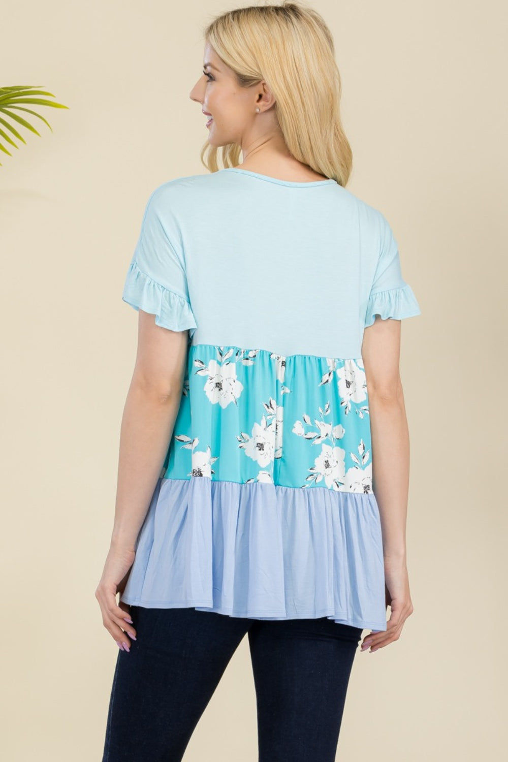 Floral Color Block Ruffled Short Sleeve Top