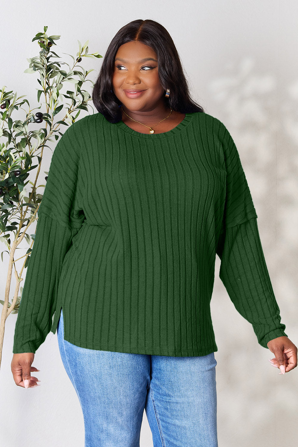 Ribbed Round Neck Slit Knit Top - 5 Colors