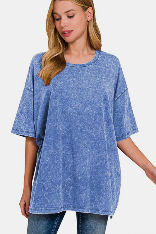 Washed Round Neck Drop Shoulder Oversized T-Shirt - Blue