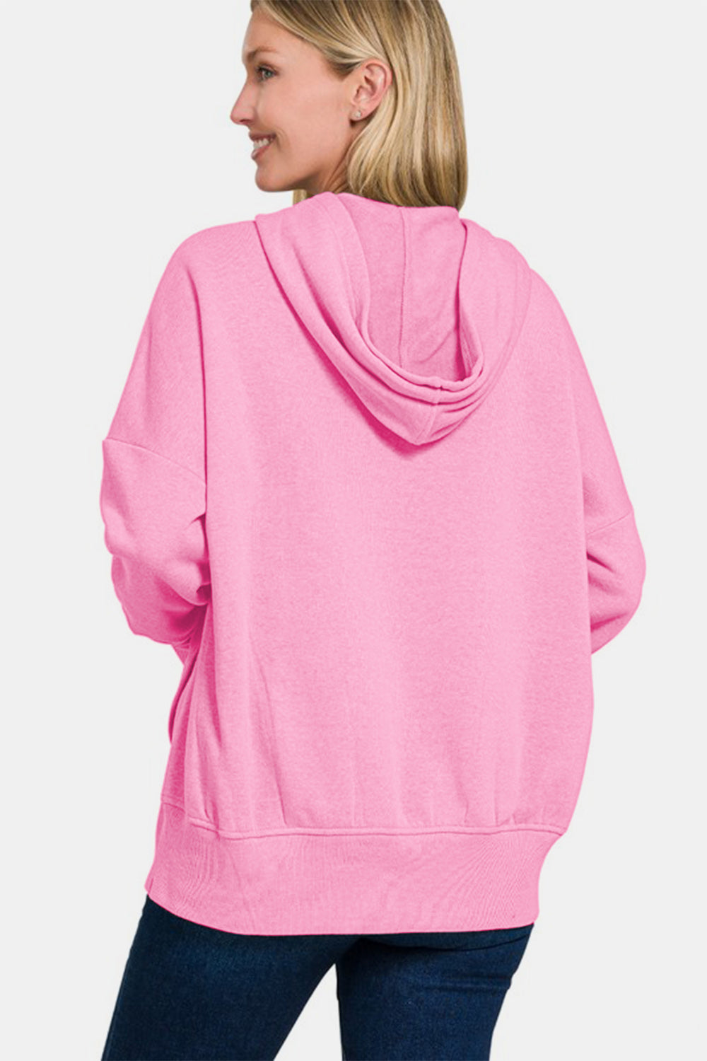 Half Snap Long Sleeve Hoodie with Kangaroo Pocket - Pink