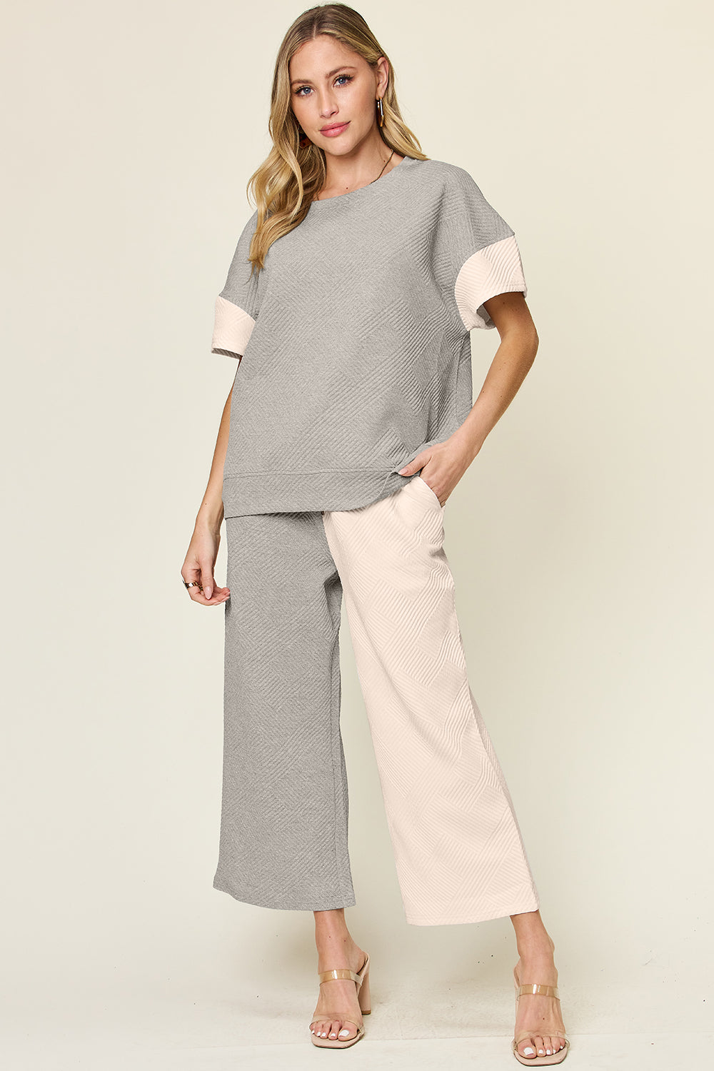 Texture Contrast T-Shirt and Wide Leg Pants Set - 4 Colors