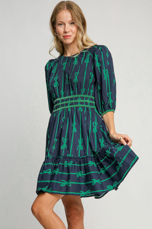 Ribbon Print Frill Contrast Velvet Trim Half Sleeve Dress