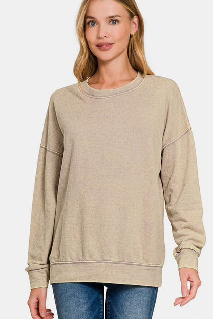 Washed Round Neck Dropped Shoulder Sweatshirt - Khaki