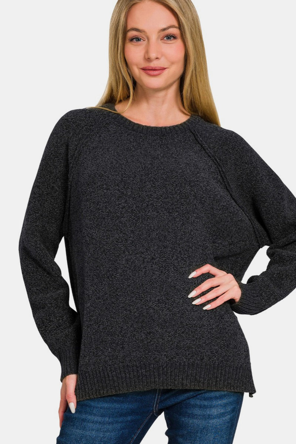 Side Slit Raglan Sleeve Sweater - Black