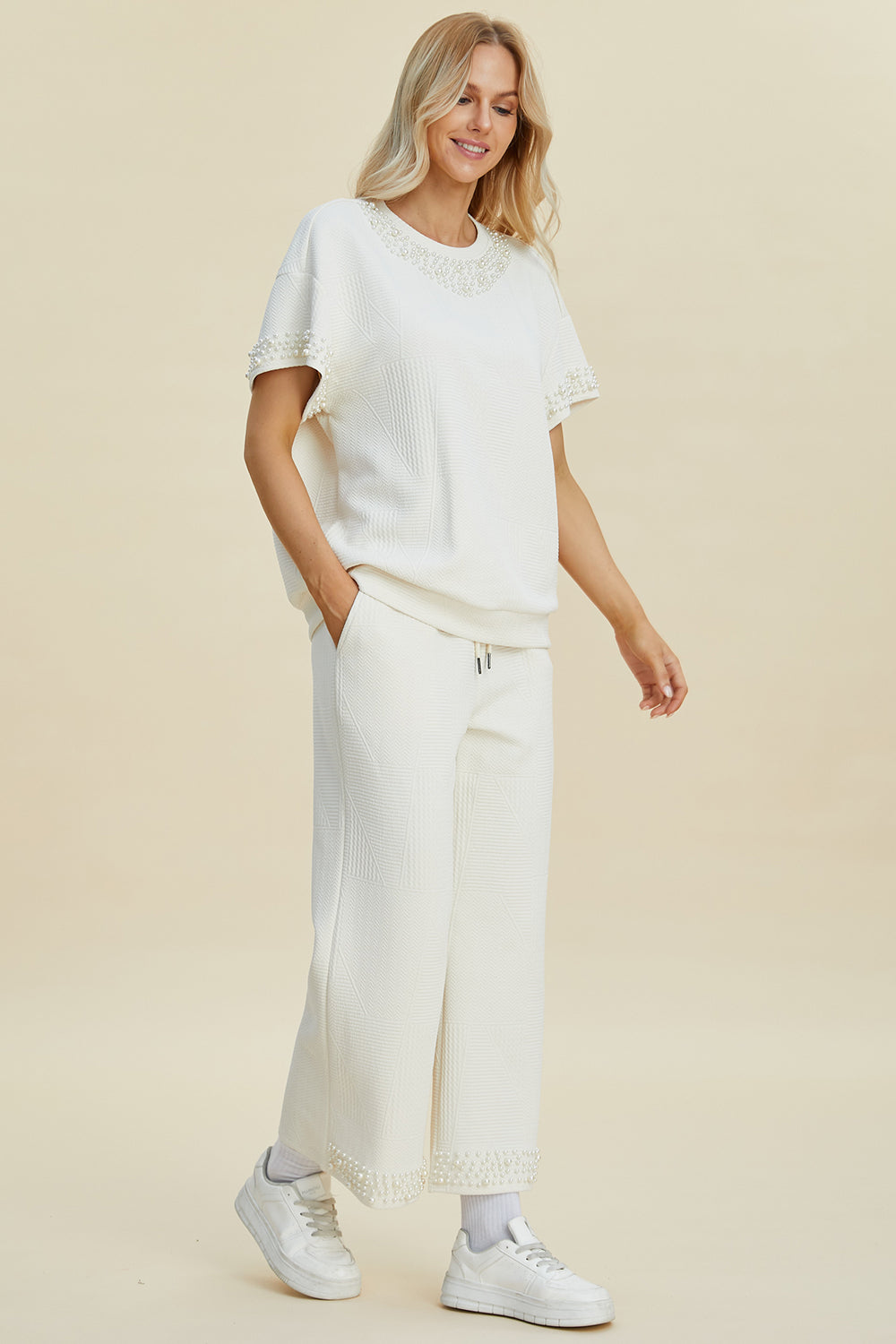 Pearl Detail Round Neck Top and Pants Set - 3 Colors