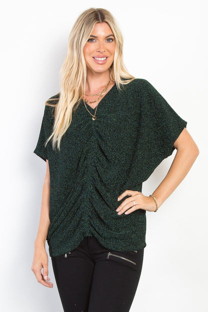 Lurex Center Elastic Cinched Knit Top - Hunter Green