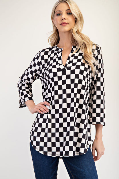 Curved Hem Checkered Notched Blouse