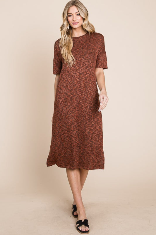 Round Neck Midi Dress with Slit - Rust