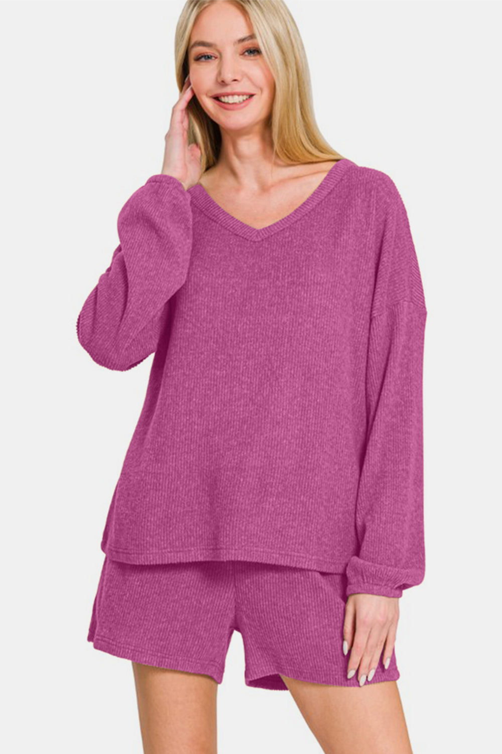 V-Neck Long Sleeve Ribbed Top and Shorts Set - Red Violet