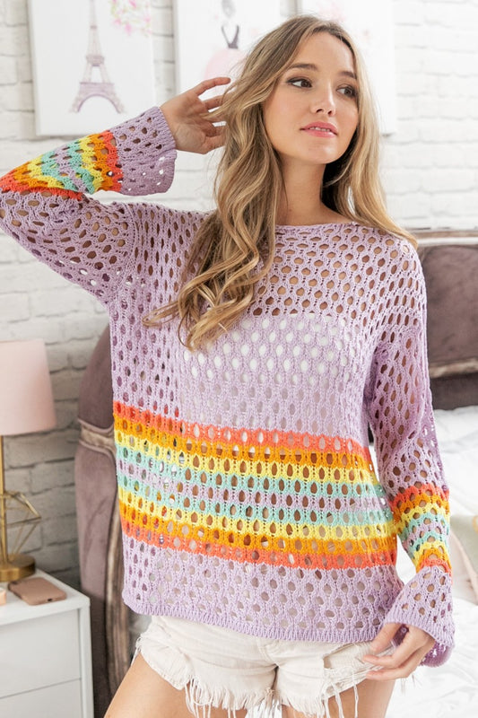 Rainbow Stripe Hollow Out Cover Up
