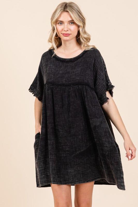 Short Sleeve Babydoll Texture Dress with Pockets - Black