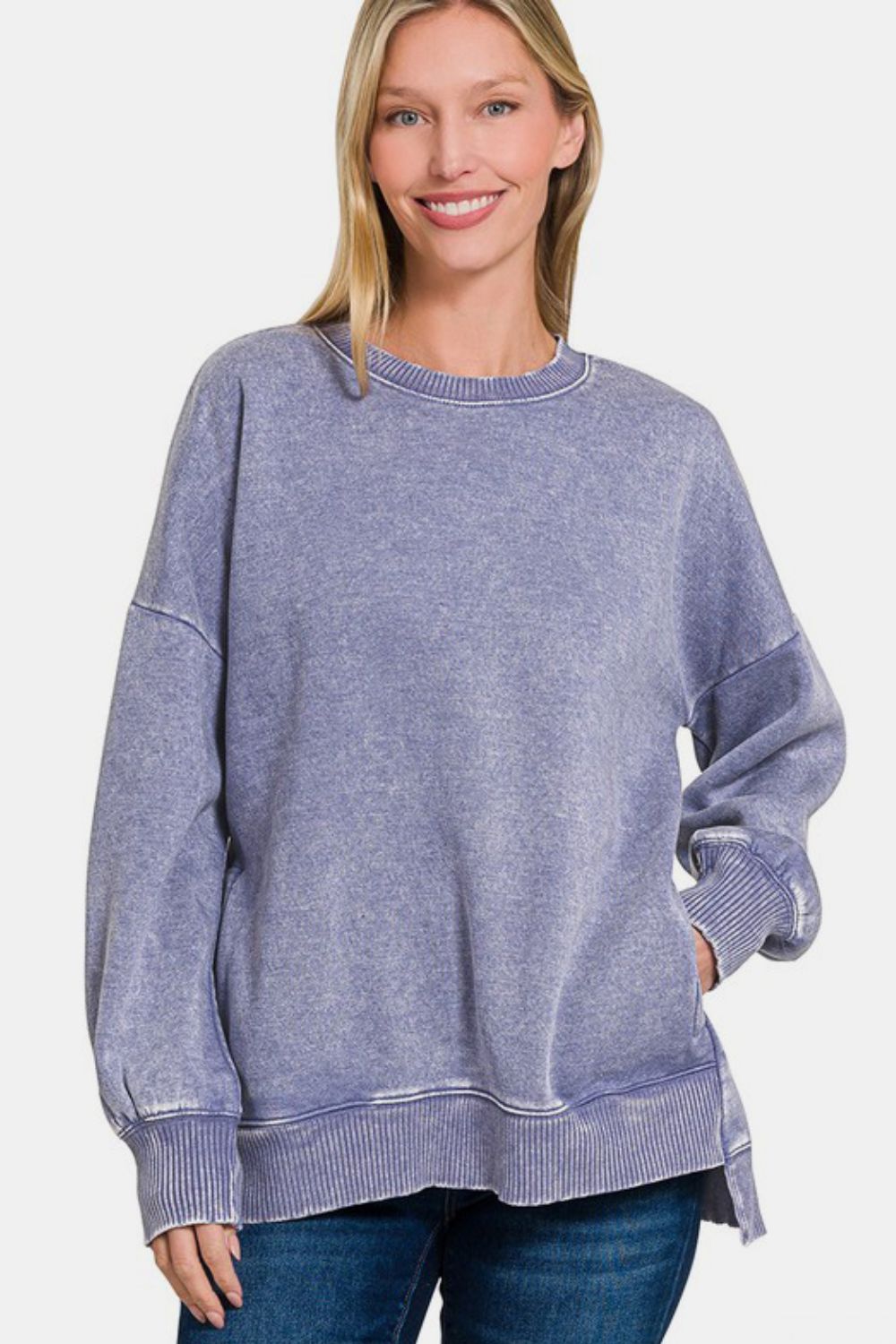 High-Low Acid Wash Fleece Sweatshirt - Mauve