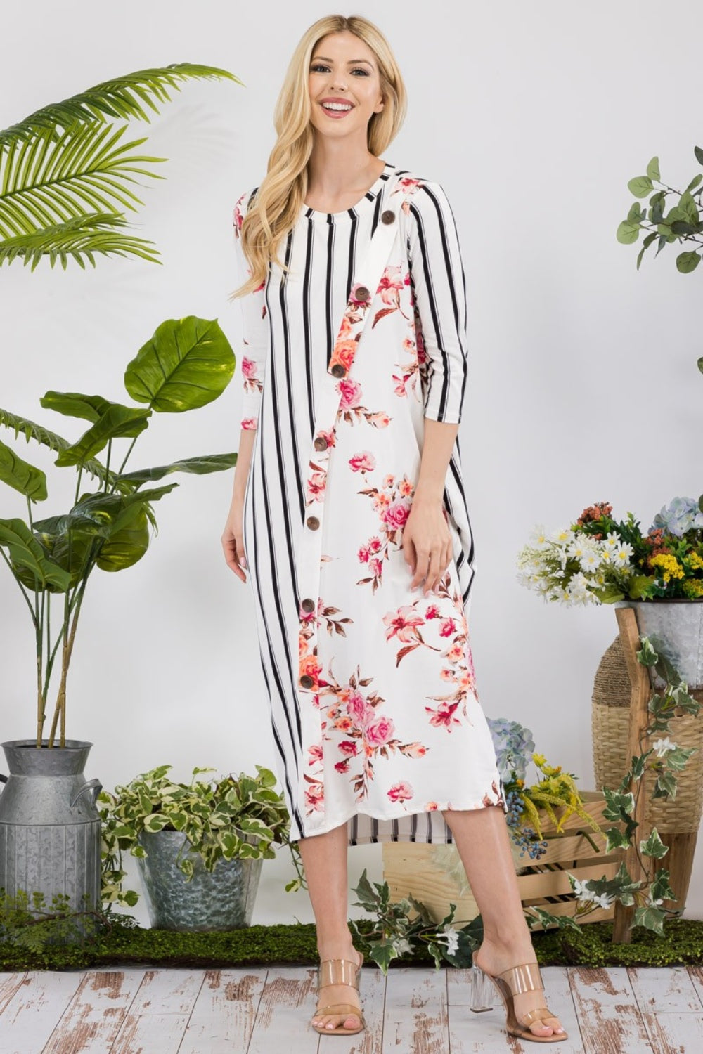 Floral Striped Contrast Midi-Dress with Pockets - Ivory