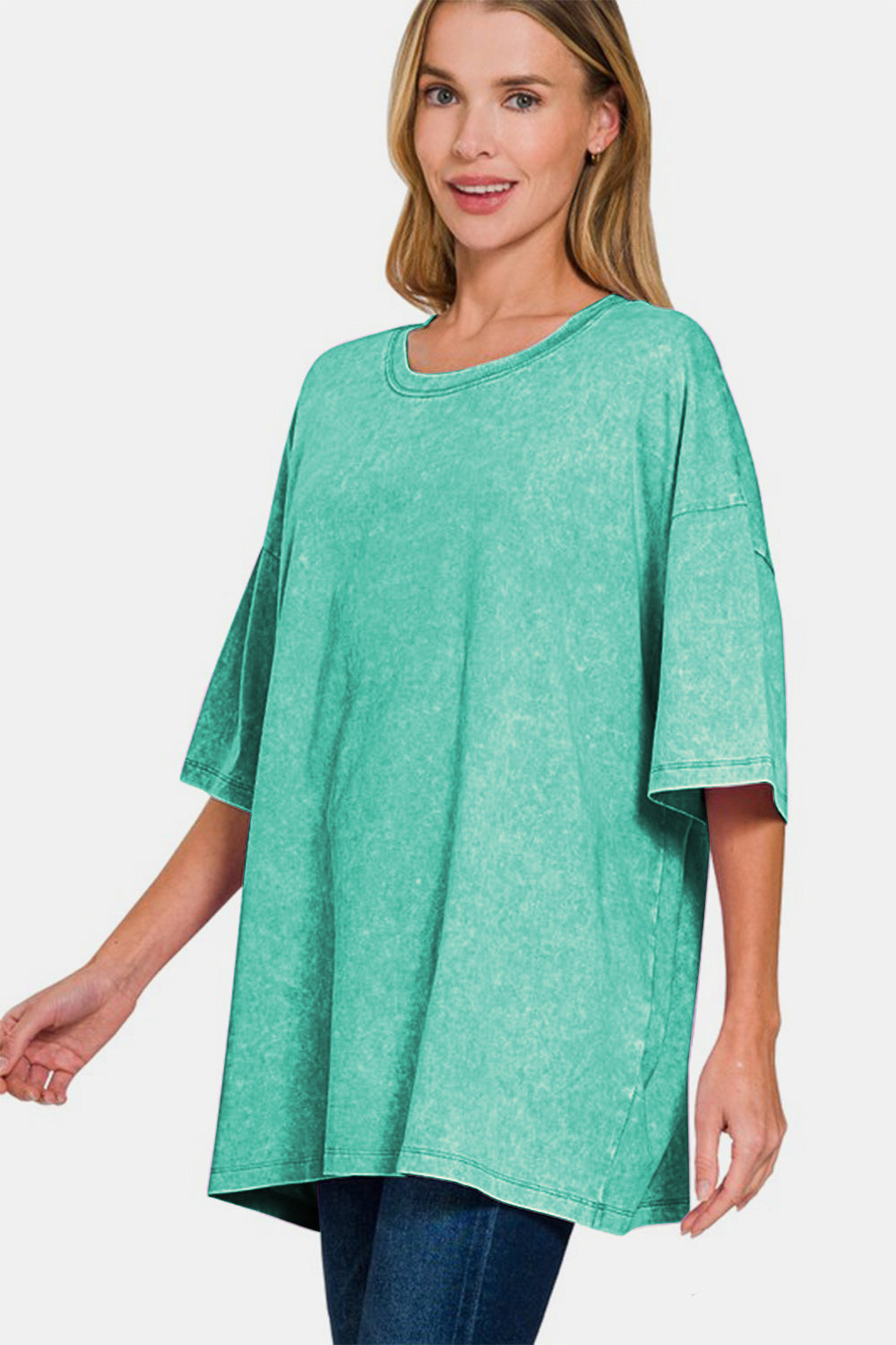 Washed Round Neck Drop Shoulder Oversized T-Shirt - Turquoise