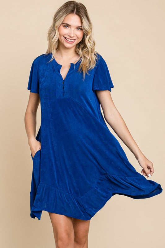 Short Sleeve Ruffled Asymmetric Hem Dress - Royal Blue