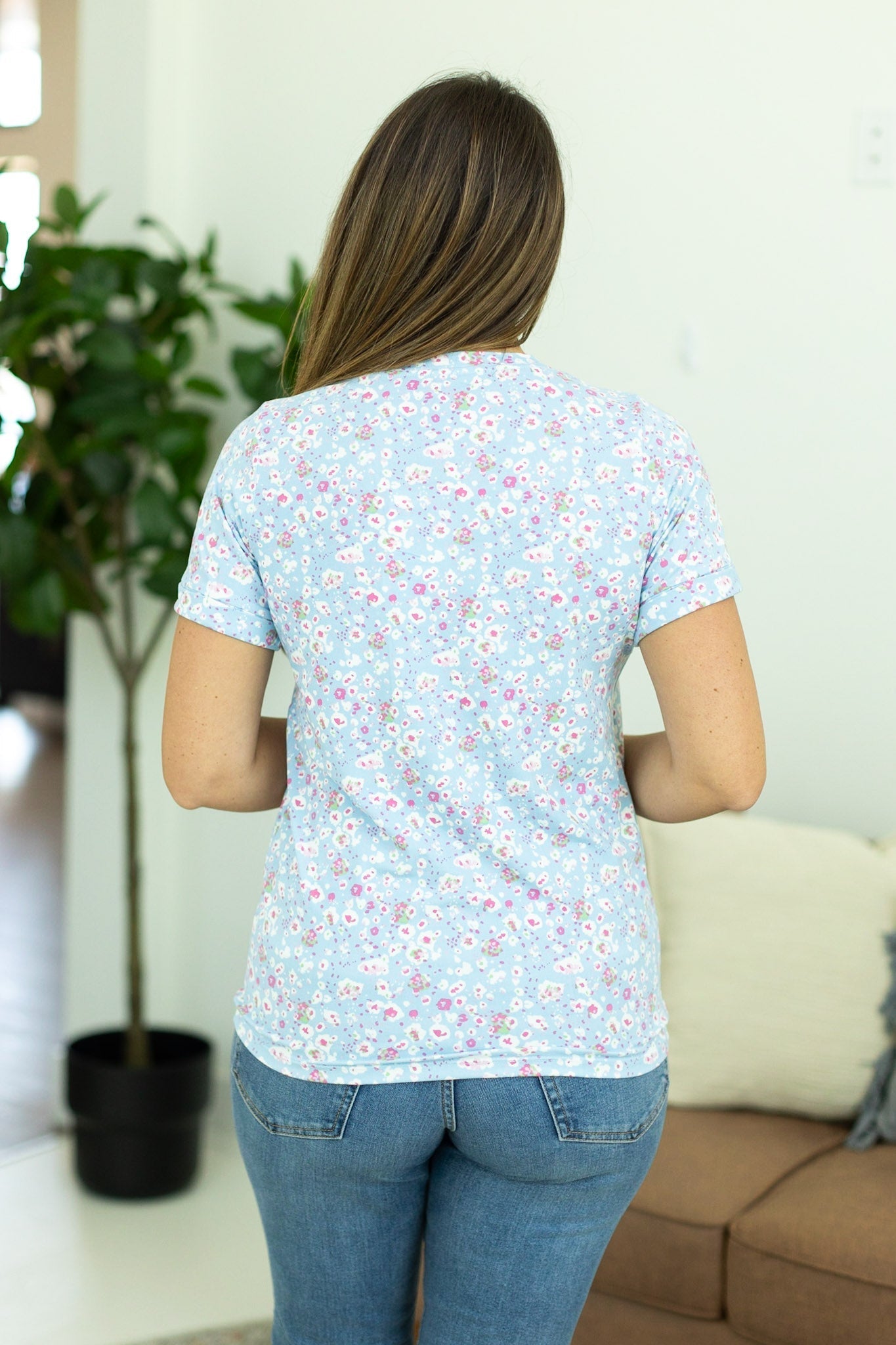 Sophie Pocket Tee - Blue and Pink Abstract
