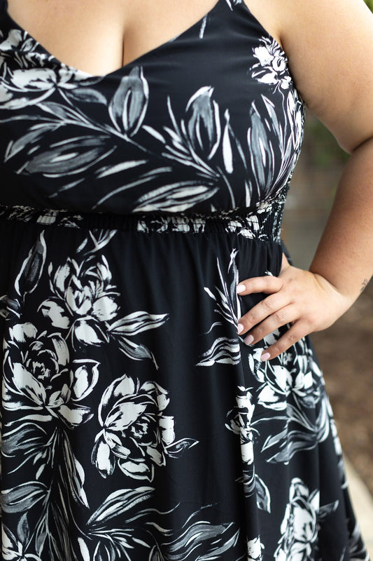 Cassidy Midi Dress - Black and White Floral