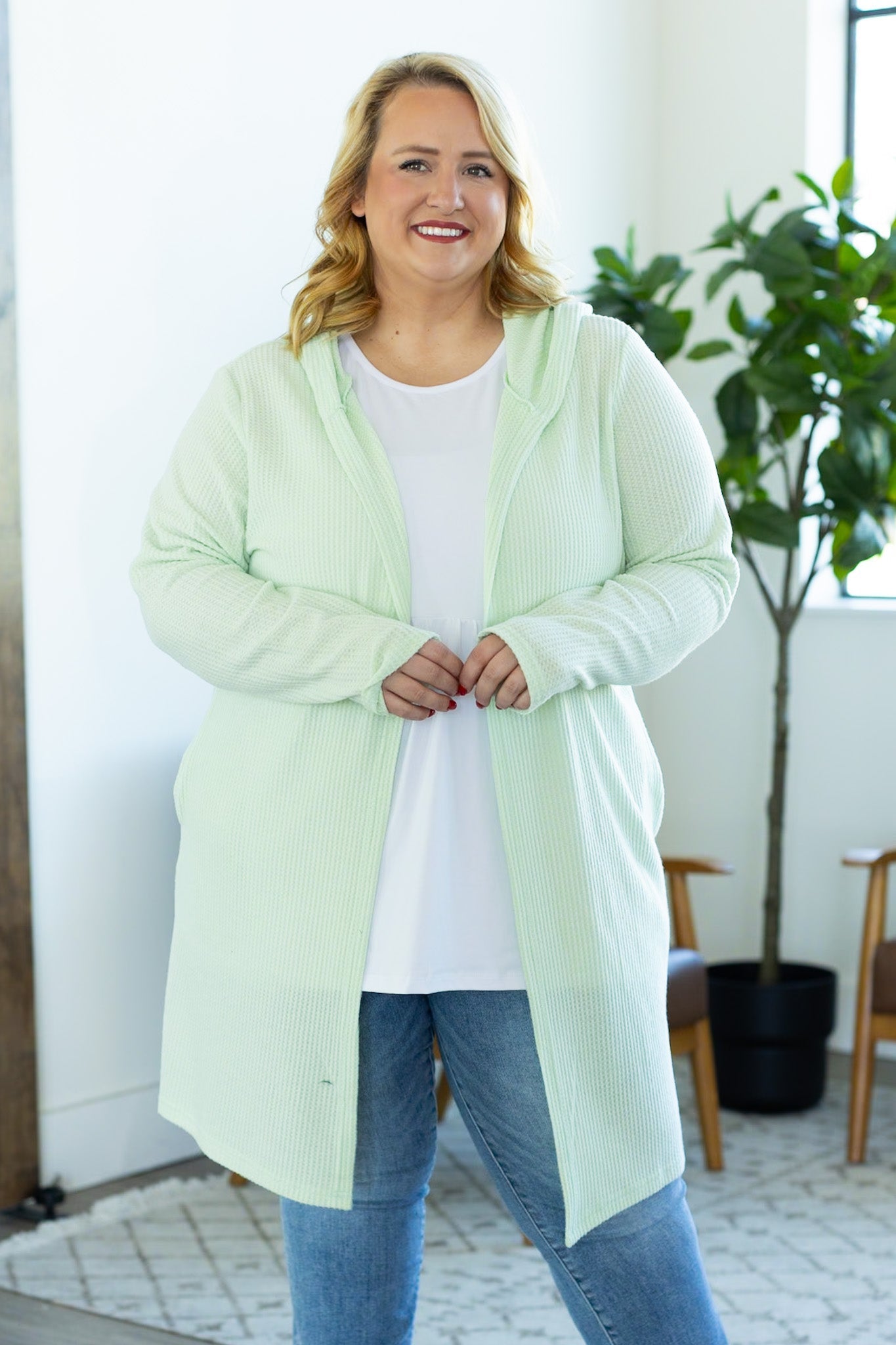 Claire Hooded Waffle Cardigan - Lime